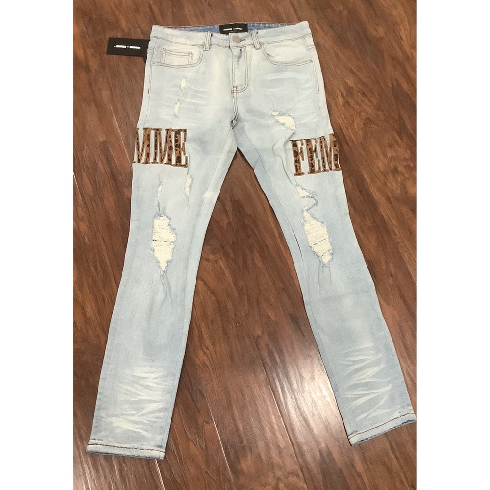 Homme + Femme Men's Letterman Slim Fit Stretch Distressed Denim Jeans With Rips